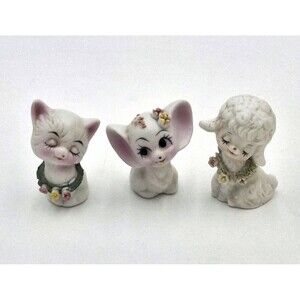 VTG Napcoware Miniature Bone Figurine Mouse, Cat, Lamb 3 Pc Lot